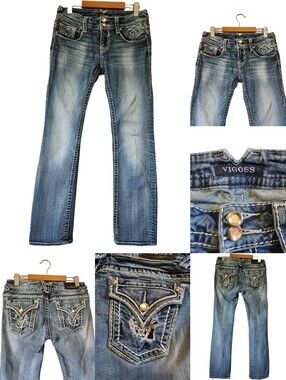 Y2K Vigoss New York Boot Cut Embellished Thick Stitch Rhinestone Jeans 28x33